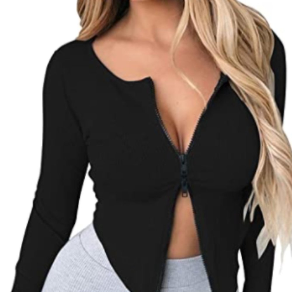 Sexy Open Zipper Crop Top Long Sleeve Deep Neck Casual Basic T Shirt